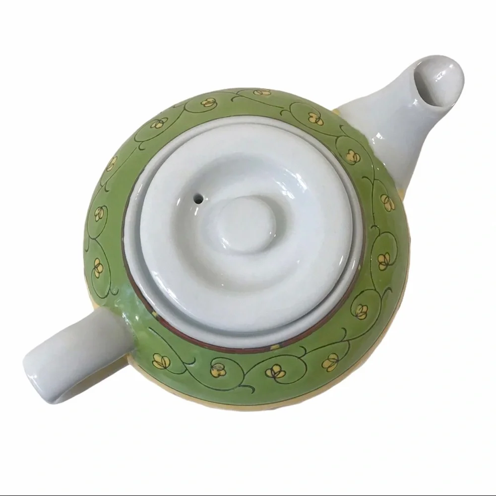 Vintage Pier 1 Porcelain Teapot Hand-Painted Floral Vine Design Green Yellow Red